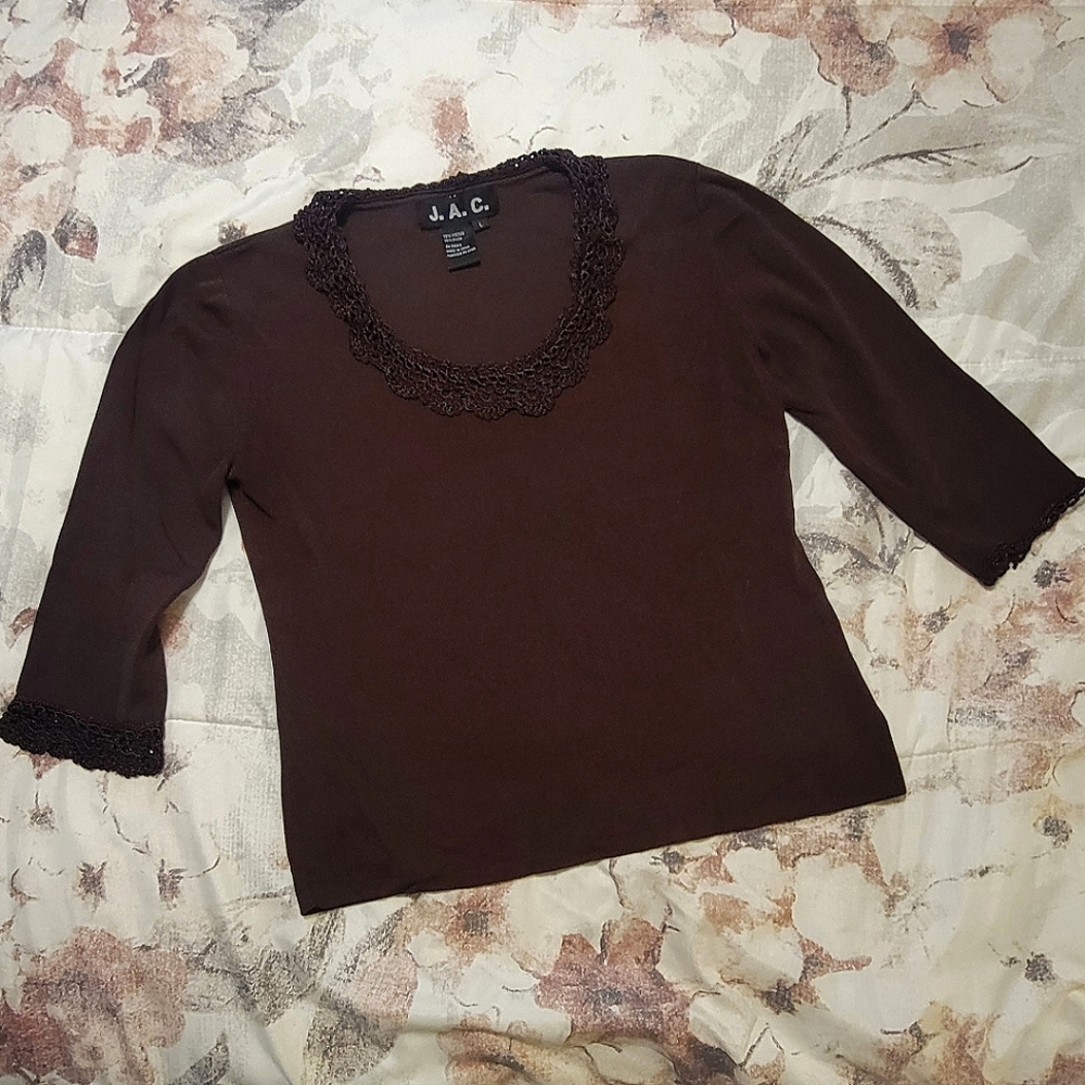 J.A.C. viscose blend crochet neckline 3/4 sleeve stretchy top
